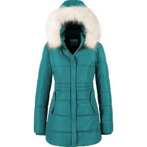 Women's Acid Blue Puffer Jacket Removable Faux Fur Trim Hood Coats Snow Warm